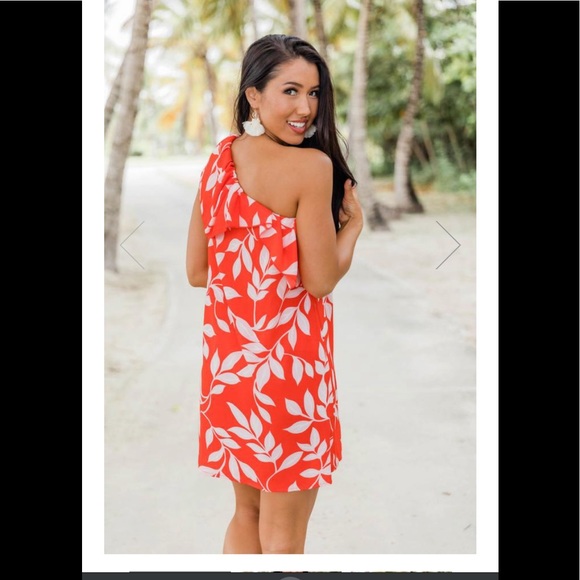 CORAL RED PRINTED DRESS - Picture 3 of 5